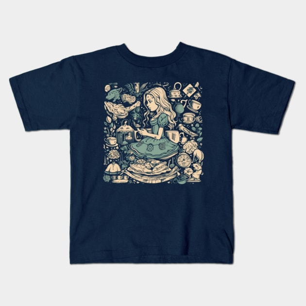 Modern Alice in Wonderland Drawing Kids T-Shirt by Unelmoija